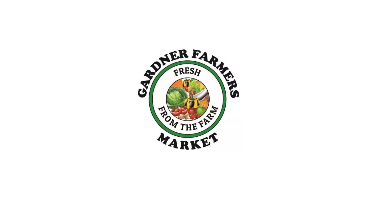 A circular logo for Gardner Farmers Market, featuring the text 'GARDNER FARMERS' and 'FRESH FROM THE FARM' in black around a central illustration of fresh produce.